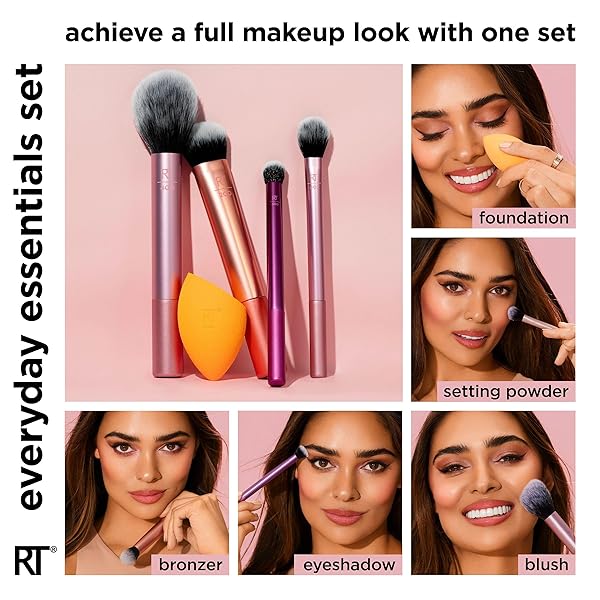 REAL TECHNIQUES 5 PIECE EVERYDAY ESSENTIALS MAKEUP BRUSH SET, INCLUDES 4 BRUSHES & MAKEUP SPONGE, FOR FOUNDATION, BLUSH, BRONZER, CONTOUR, EYESHADOW, & POWDER, TRAVEL GIFT SET, CRUELTY-FREE & VEGAN