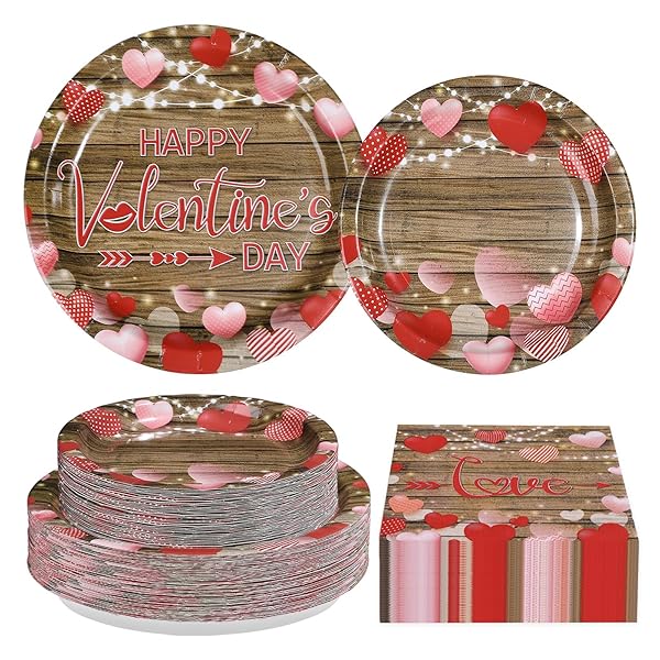 200PCS VALENTINE’S DAY DECORATIONS HAPPY VALENTINE PLATES AND NAPKINS VINTAGE WOOD RED LOVE HEART DECORATIONS FOR VALENTINES DAY ROMANTIC WEDDING ANNIVERSARY ENGAGEMENTS PARTY SUPPLIES SERVES 50