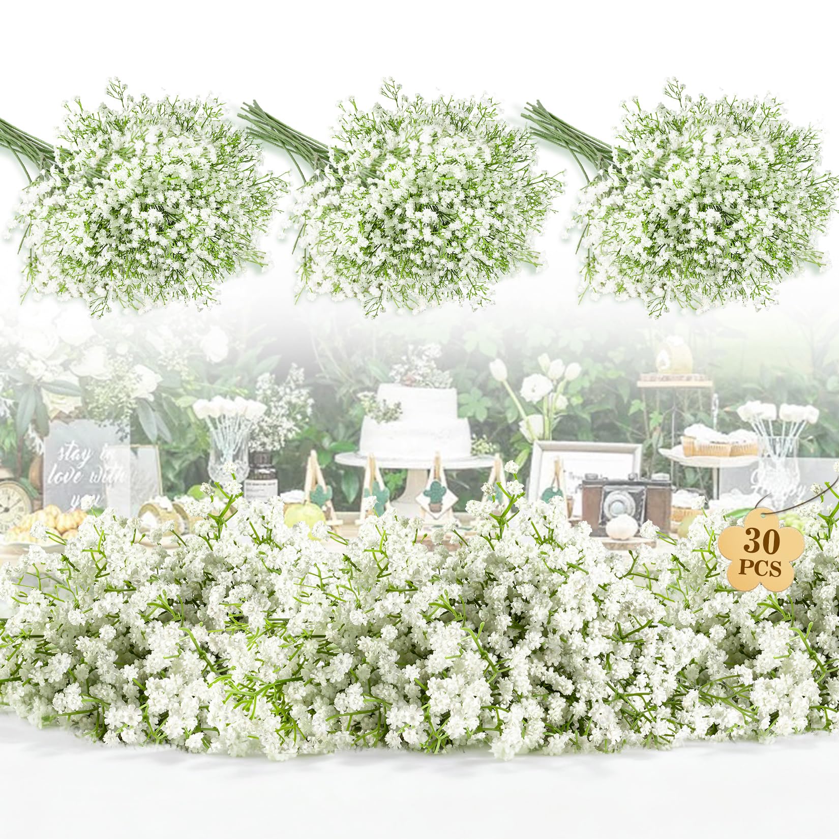 Photo 1 of MAQIAHN 30 Baby Breath Artificial Flowers - Babies Breath Flowers Artificial Bulk Faux Flowers Bouquet White Flores Greenery Real Touch Fake Flower Arrangements Wedding Centerpieces Tables Decorations
