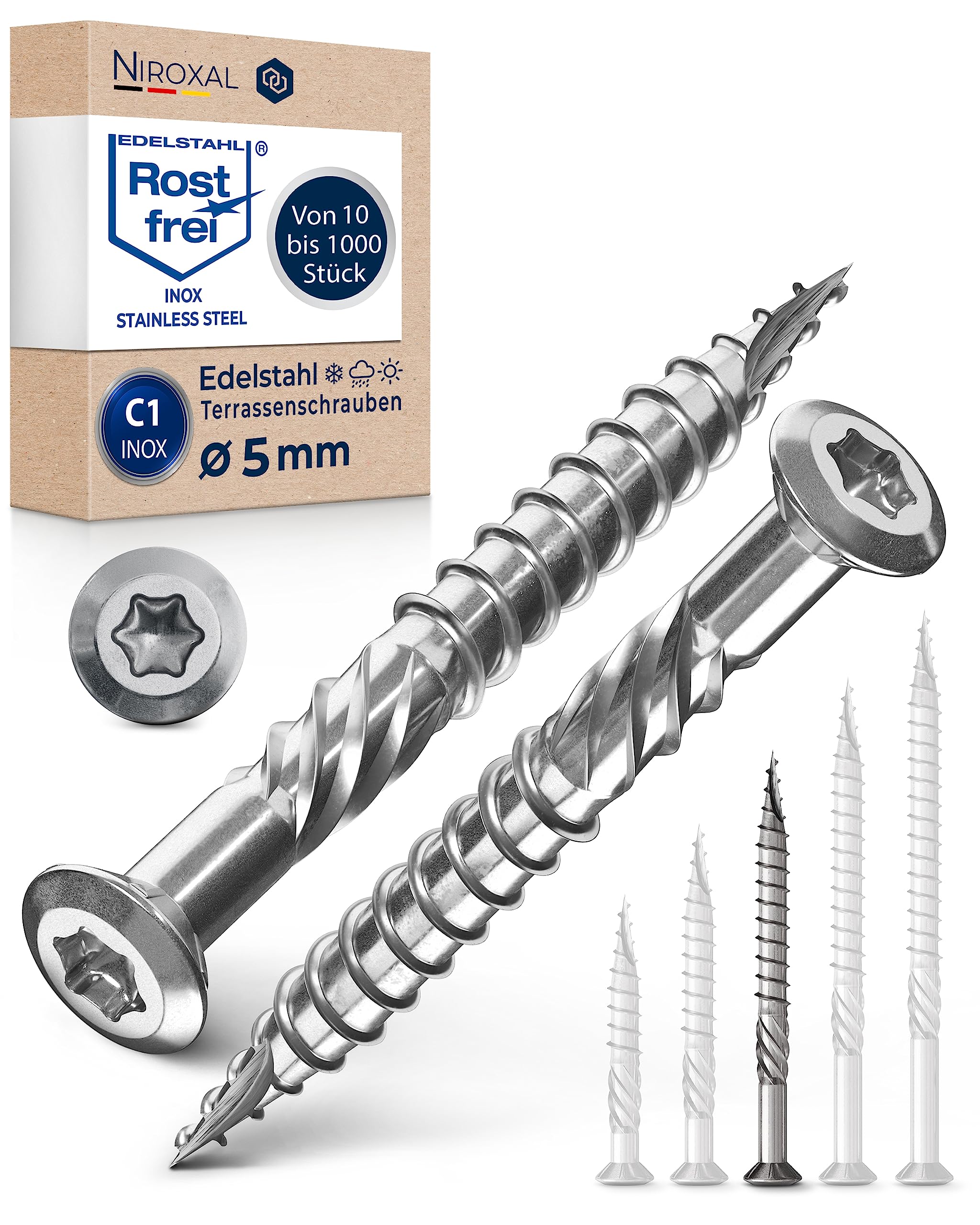 NietFullThings Decking Screws Stainless Steel C1 Wood Screws Torx Drive Deck Screws for Wood Outdoor 5x60 mm Pack of 400