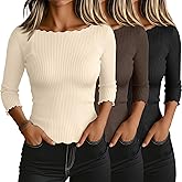 Riyiper 3 Pack Women's 3/4 Length Sleeve Tops Lettuce Trim Ribbed Boat Neck Shirts Half Slim Casual Basic Fitted Tees