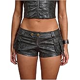 WDIRARA Women's Faux Leather Skinny Micro Shorts Y2k Low Rise Cargo Shorts Party Rave Clubwear