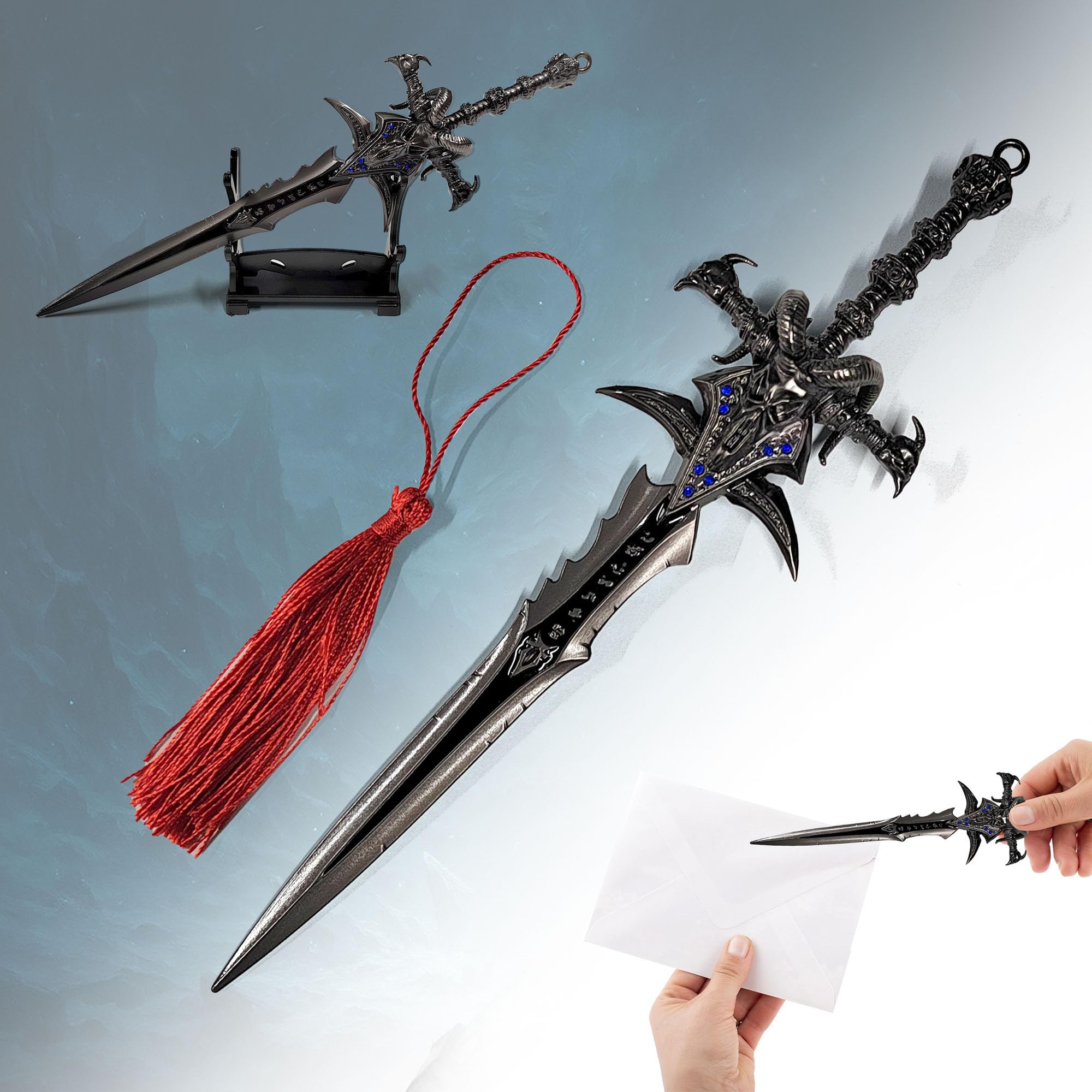 World of Warcraft Frostmourne Letter Opener in Shape of Sword with Base, 22.5 cm, Home, Office Accessory, Gift and Merchandise for Fans & Collectors