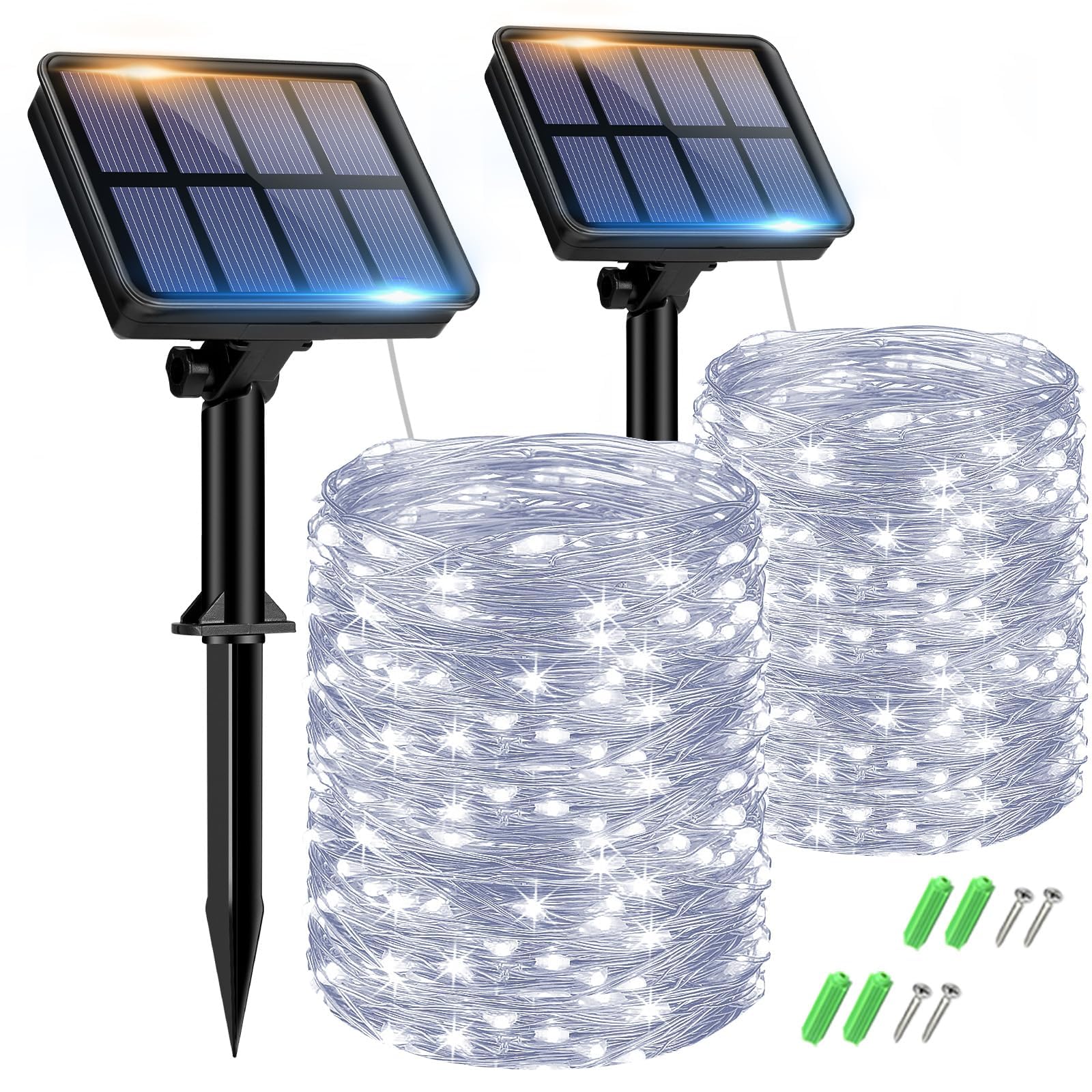 btfarm 2 Pack Solar String Lights Outdoor Garden Waterproof, 15M/50FT 150 LED Solar Powered Fairy Lights, 8 Modes Copper Wire Lights for Patio Yard Party Christmas Decorations, Cool White