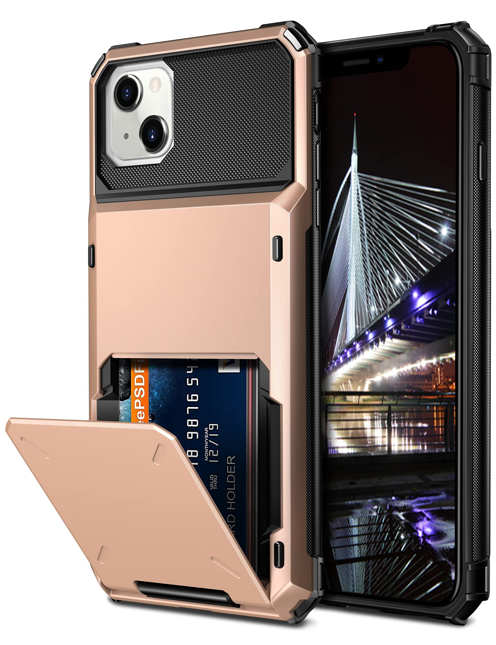 Vofolen Case for iPhone 13 Case Wallet 4-Card Holder ID Slot Flip Door Hidden Pocket Anti-Scratch Dual Layer Hybrid TPU Bumper Armor Protective Hard Shell Back Cover for iPhone 13 6.1 Rose Gold