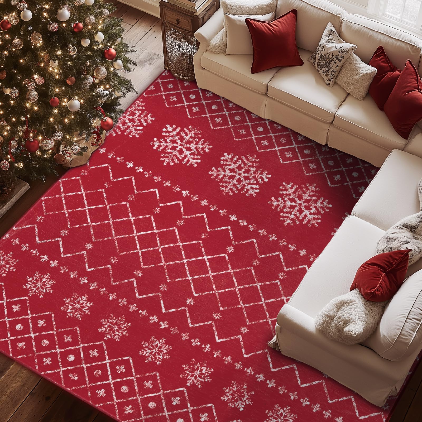 Photo 1 of Jinchan Christmas Area Rug 6x9 Red Xmas Snowflake Modern Kitchen Washable Non Slip Moroccan Carpet Holiday Decor Geometric Accent for Bedroom Dining Room Living Room