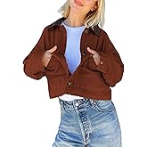 APAFES Women's Cropped Barn Jacket Corduroy Collar Button Down Long Sleeve Short Coat with Pockets