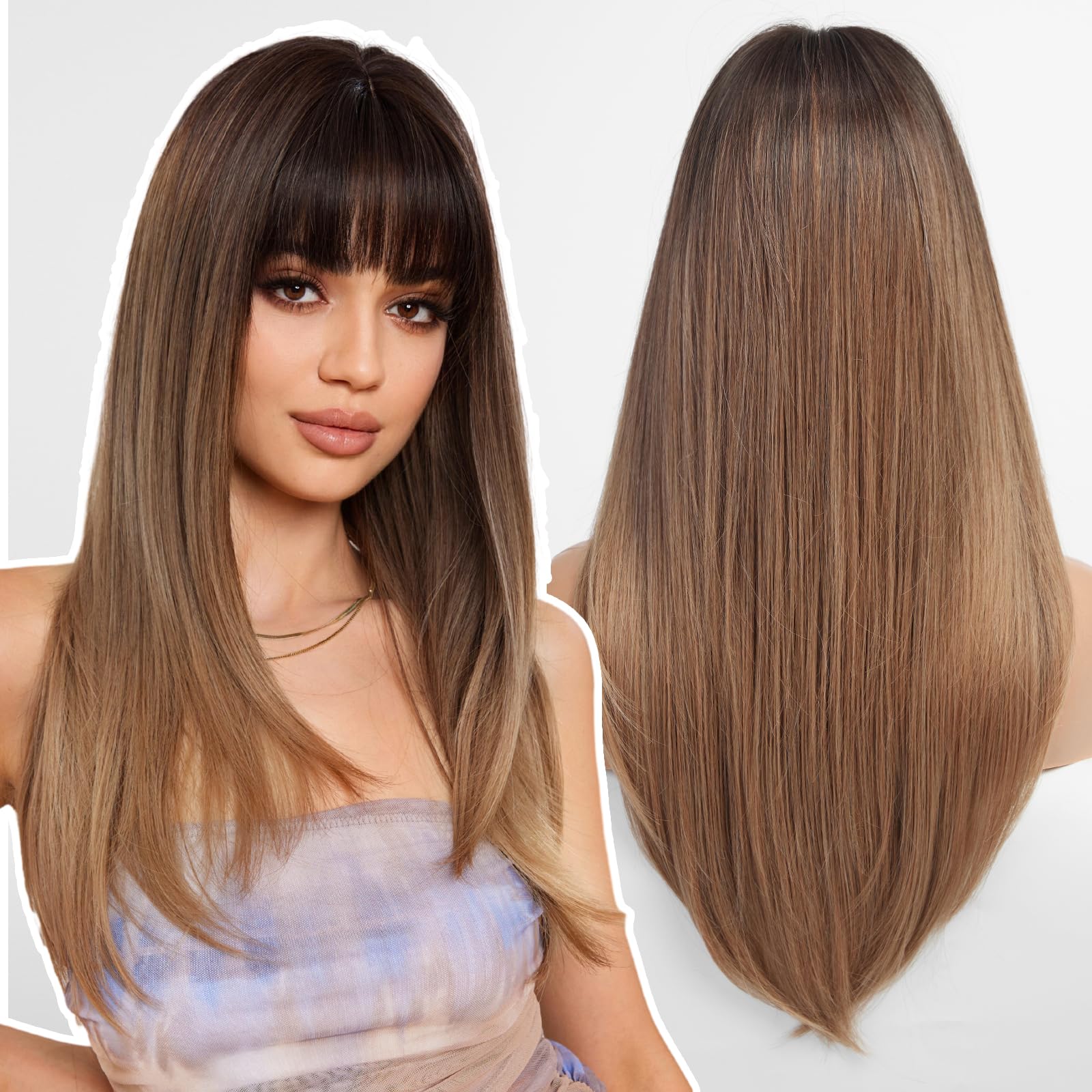 WOKESTAR Brown Wigs for Women Layered Straight Long Wig with Fringe
