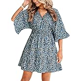 Aoysky Womens V Neck Casual Dresses Summer Loose High Waist Ruffle Pleated Cute Mini Short Dress
