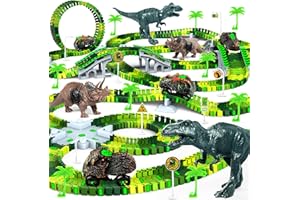 DESUCCUS Dinosaur Toys for Kids 3-5, Create A Dinosaur World Road Race Tracks Glow in The Dark Flexible Train Track Playset, 2 Dinosaur Car for 3 4 5 6 Year Old Boys Girls Christmas Birthday Gift