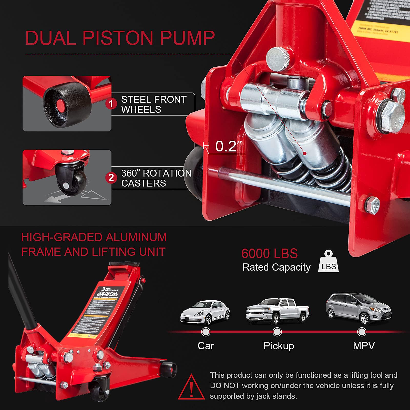 BIG RED ATZ830026XR Torin Hydraulic Ultra Low Profile Heavy Duty Steel Service/Floor Jack with Dual Piston Quick Lift Pump, 3 Ton (6,000 lb) Capacity, Red
