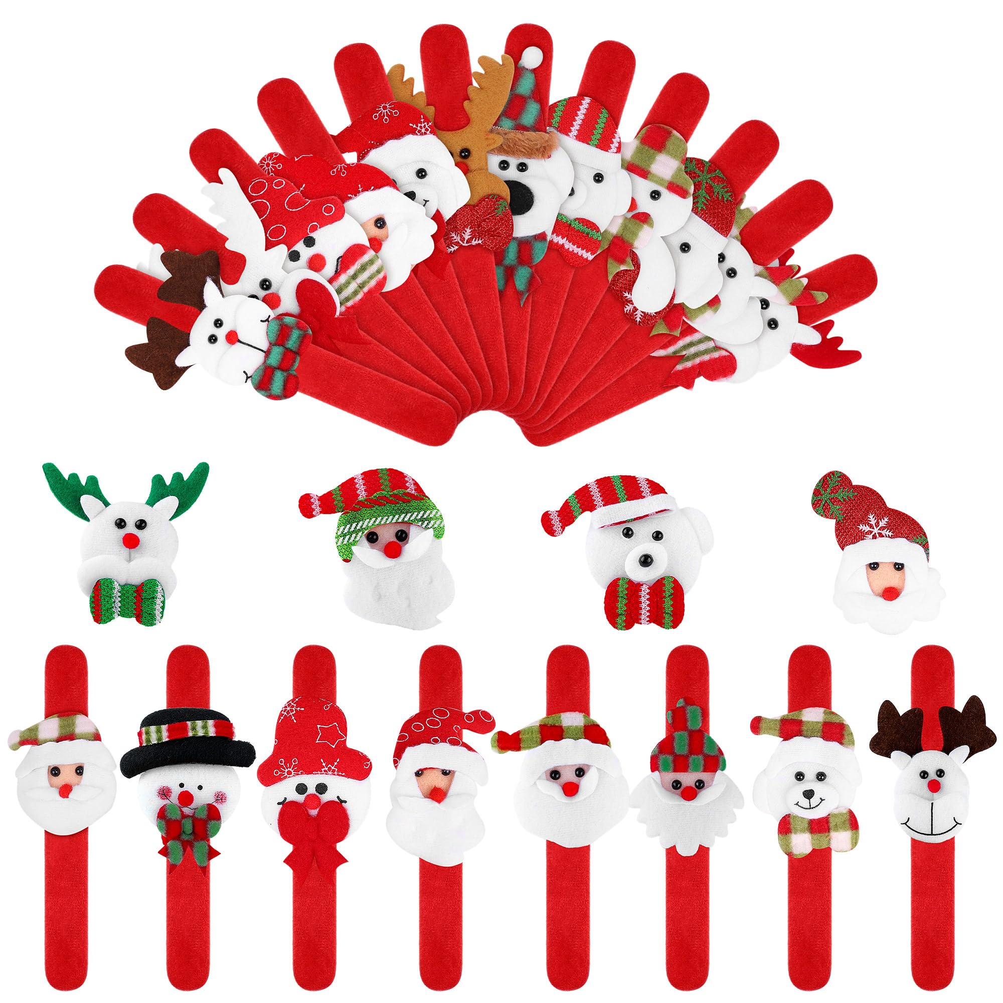 Aodaer 24 Pieces Christmas Slap Bracelets Xmas Slap Bands Red Velvet Wristband Include Santa Claus Snowman Reindeer Classic Style for Christmas Gifts Party Favors Accessory Supplies