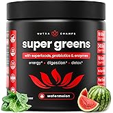 NutraChamps Super Greens Powder Premium Superfood | 20+ Organic Green Veggie Whole Foods | Alfalfa, Spirulina, Chlorella & More | Antioxidant, Digestive Enzyme & Probiotic Blends | Watermelon