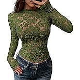 BTFBM Mesh Long Sleeve Tops for Women Lace Sexy Sheer Tight See Through Crew Neck Spring Fall 2026 Party Club Outfits