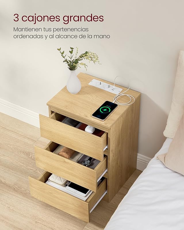 Coleção KAILYN - Mesa de cabeceira com estação de carregamento, conjunto de 2, mesa lateral com 3 gavetas, 2 tomadas AC, 2 portas USB, quarto, escritório, amarelo palha LET831Y70