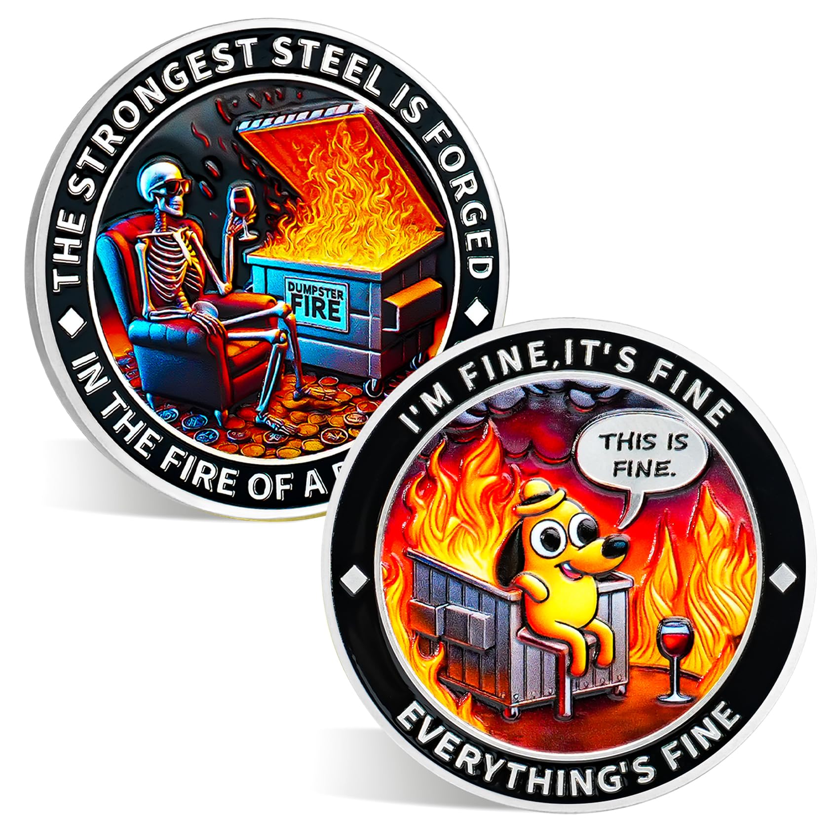 ACGZQY Dumpster Fire Coin - Humorous Resilience Fire Token with Dog Skull Design - Everything's Fine Motivational Challenge Coin Hilarious Medallion Funny Office Gifts
