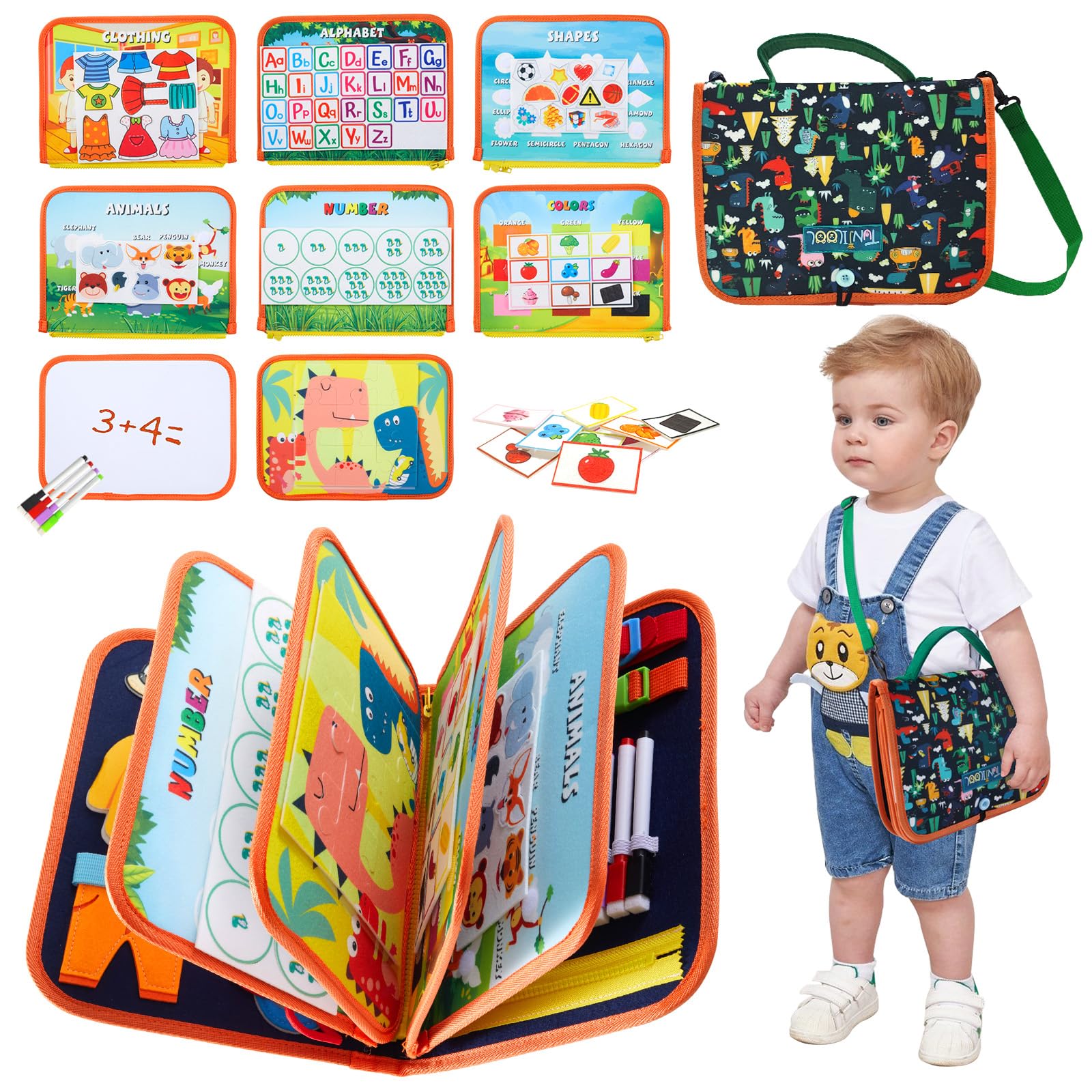 TUNJILOOL Montessori Busy Book - 10-Page Sensory Activity Board with Shoulder Strap & Wipeable Whiteboard, Travel Learning Toy for Fine Motor Skills