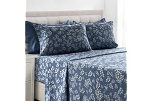 LDC LUX DECOR COLLECTION Lux Decor Queen Sheet Set, 6-Pc Cooling Bed Set, Breathable Hotel Style Sheets, Microfiber Sheets Deep Pockets, Easy-Fit, Soft & Wrinkle Free Oeko-Tex Floral Bed Sheets (Queen, Navy Blue)
