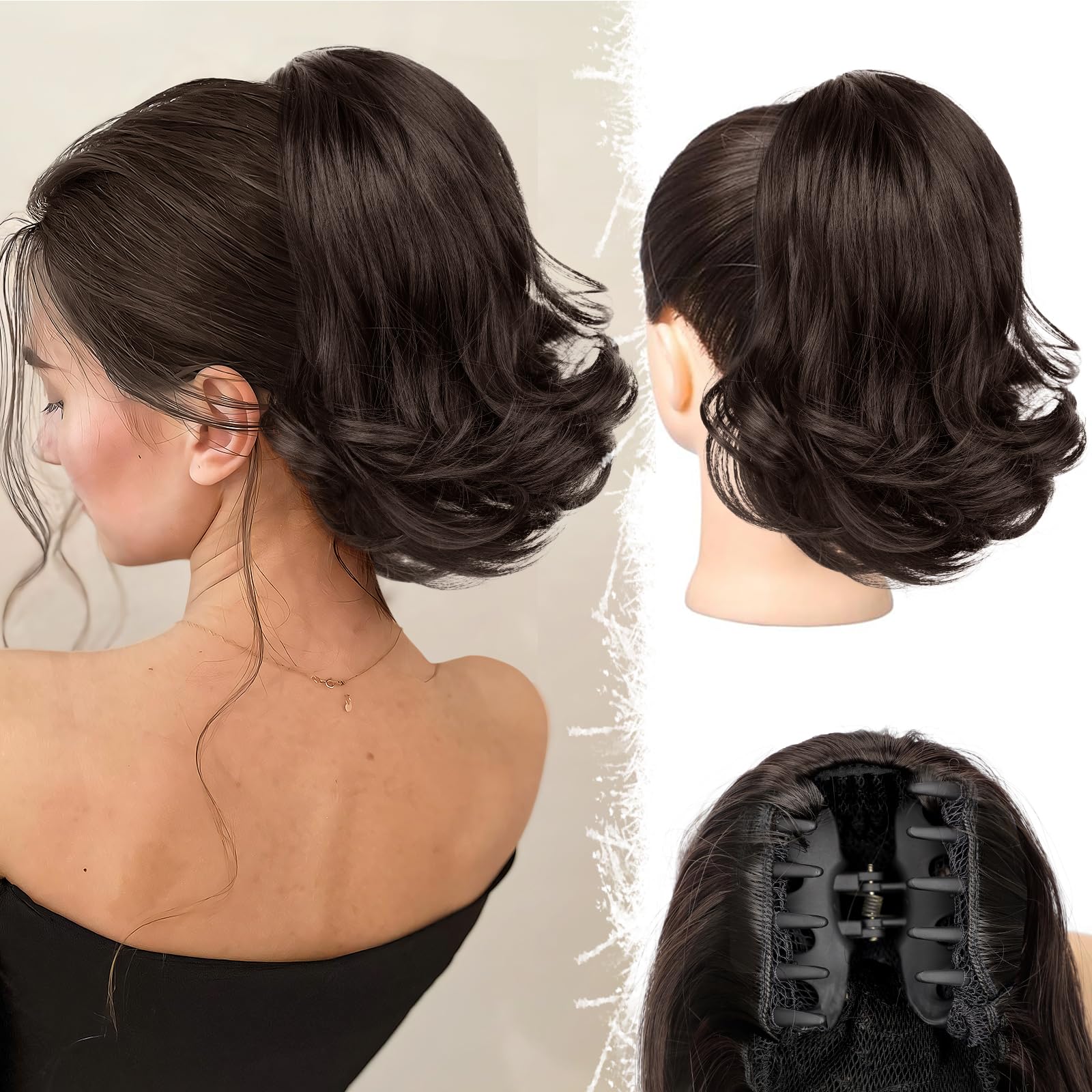 Photo 1 of KooKaStyle Ponytail Extension, 10" Short Claw Clip in Pony Tails Hair Extensions Curly Wavy Synthetic Drawstring Ponytail Hairpieces for Women Girls Dark Brown