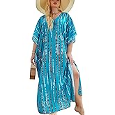 IN'VOLAND Womens Plus Size Bathing Suit Cover Up Colorful Beach Kaftan Dress Long Bikini Cover Up Swimsuit Beachwear