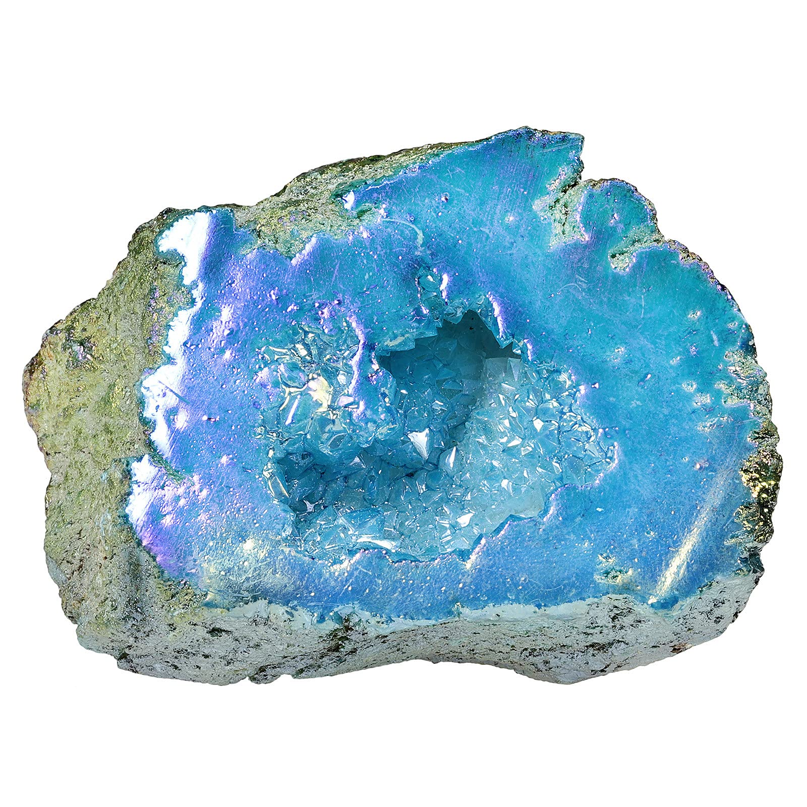 Nupuyai Angel Aura Quartz Geode Stone, Titanium Coated Natural Rock Crystal Cluster Specimen for Reiki Healing Home Decor 100-200g, Light Blue