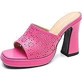 Peijely Women's Knit Platform Mule Sandals, Square Toe, Block Heel Slip-On Slides, Chunky High Heel Summer Shoes