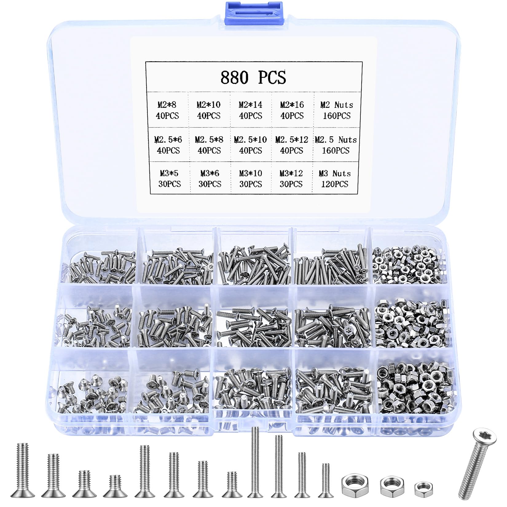 M2 M2.5 M3 Bolts and Nuts Set, 880 Pcs Metric Torx Drive Countersunk Head Screws Bolts Set, Nuts and Bolts Set, Flat Head Machine Screws and Nuts Assortment Kit for Home Bicycle Motorcycle Repair