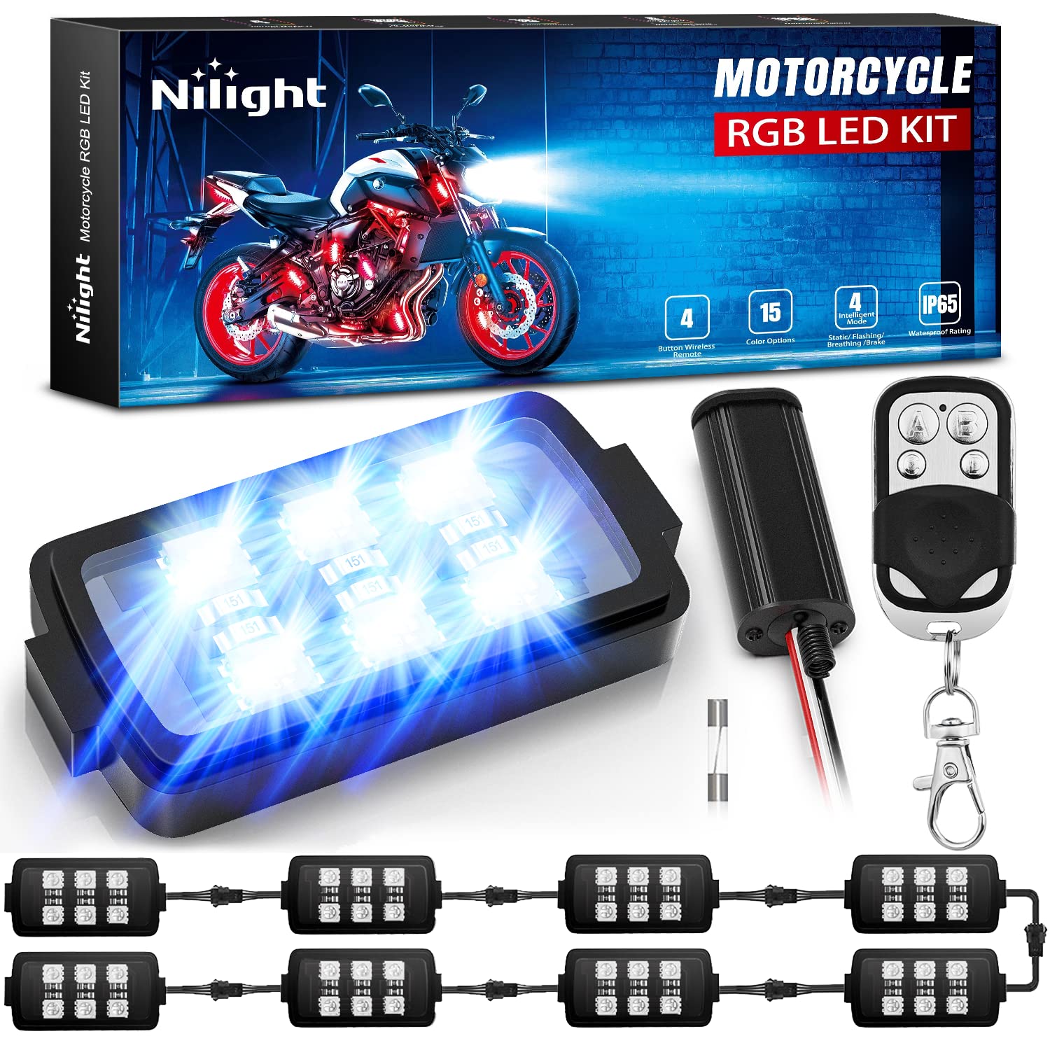 Photo 1 of Nilight 8pcs Motorcycle RGB LED Strip Lights Kit Multi-Color Neon Waterproof Atmosphere Lights with RF Wireless Smart Remote Controllers for Harley Davidson Suzuki,2 Years Warranty