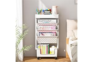 SNSLXH Desk Organizers and Accessories, Office Supplies Desktop Organizer with Wheels, Desk File Organizer, 5 Tier File Folder Holder,Magazine Storage Bookshelf for School Classroom Home (White)