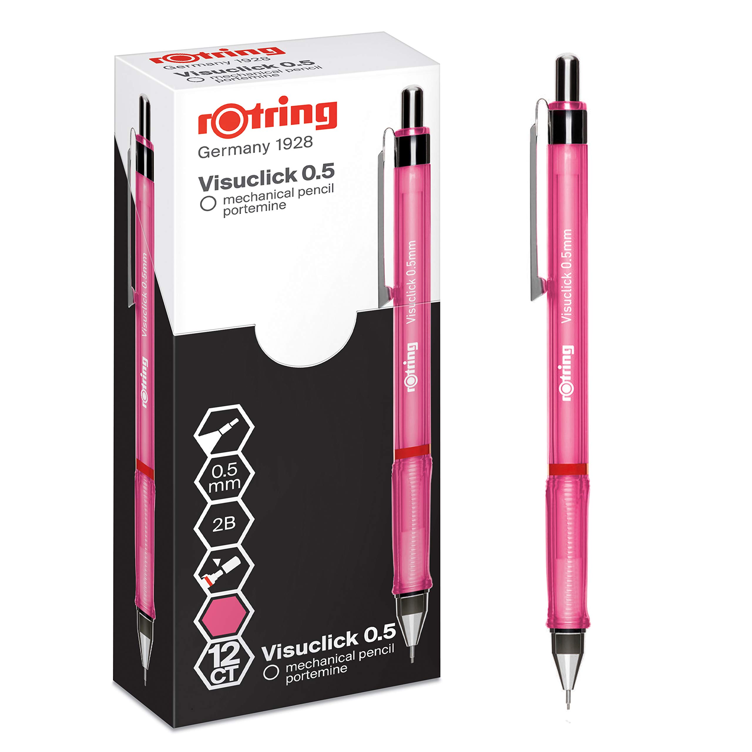 rOtring Visuclick Mechanical Pencil | 0.5 mm | 2B Lead | Lively Pink Barrel | 12 Count