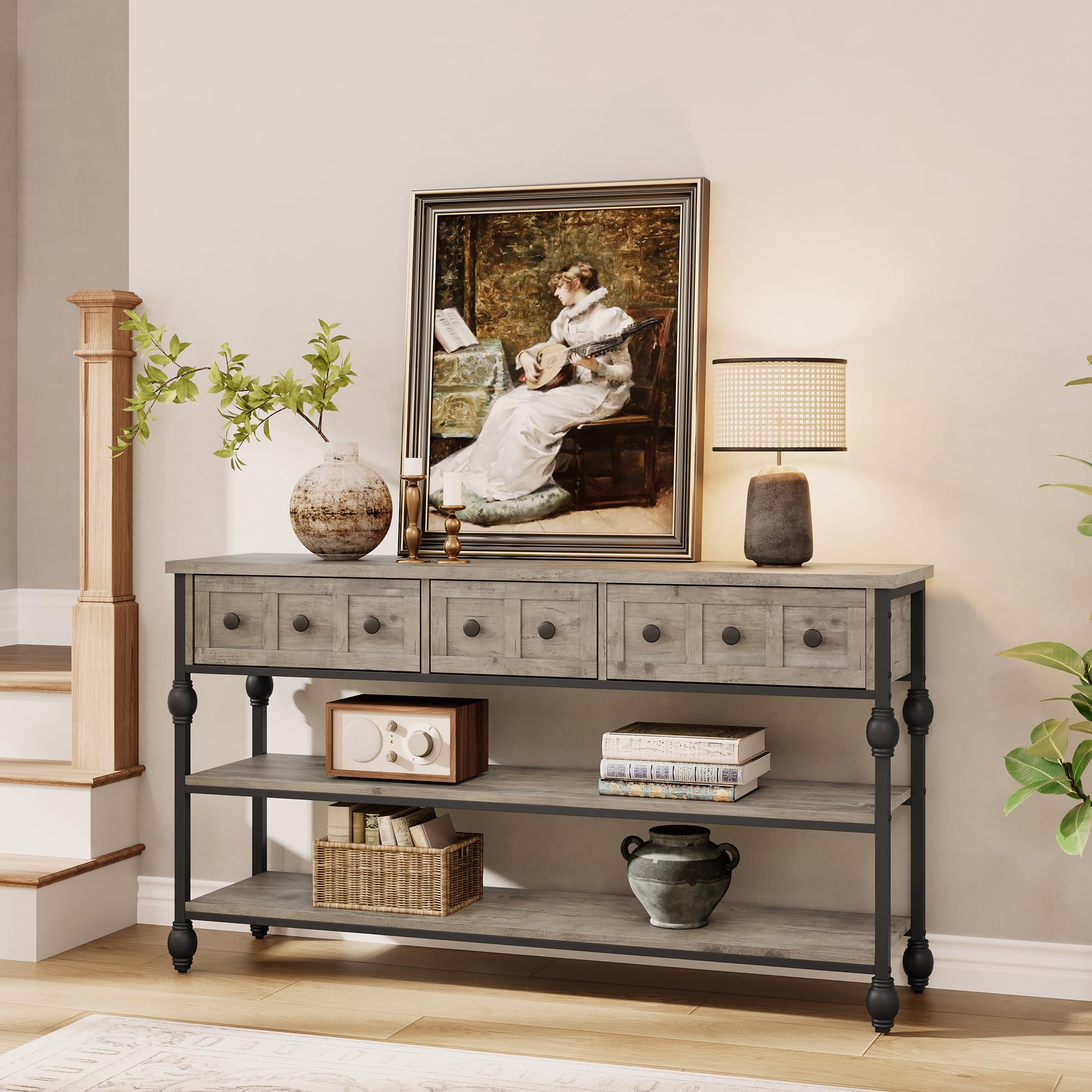 Photo 1 of GarveeHome 52" Console Table, Entryway Table with 3 Storage Drawers, 3 Tier Industrial Metal Sofa Table, Behind Couch Table, Hallway Table for Entry, Living Room-Grey