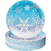 AFZMON 50 Pack Frozen Party Plates Dessert Paper Dinnerware Plates, 7 Inch Winter Snowflake Theme Disposable Round Plate for Christmas Xmas Winter Wonderland Frozen-theme Party Supplies