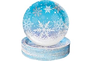 AFZMON 50 Pack Frozen Party Plates Dessert Paper Dinnerware Plates, 7 Inch Winter Snowflake Theme Disposable Round Plate for Christmas Xmas Winter Wonderland Frozen-theme Party Supplies
