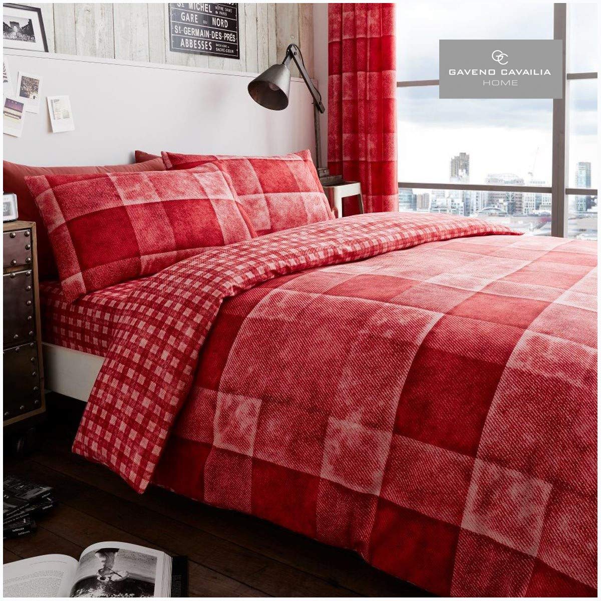 GC GAVENO CAVAILIA Gaveno Cavailia Denim Check King Duvet Set Red Reversible Easy Care Cotton Blend 3 Piece Bedding | 1 Quilt Cover + 2 Pillow Cases | Button Closure | Machine Washable