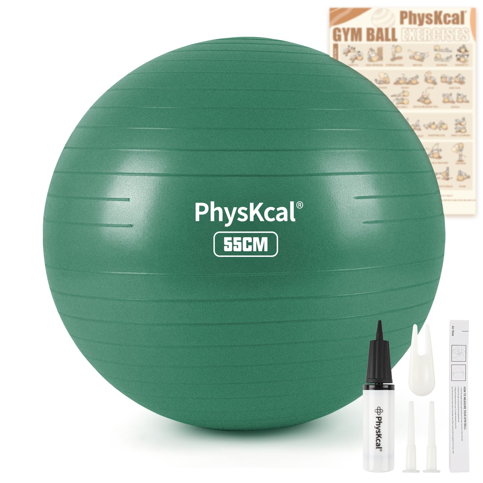 PhysKcal Gym Ball 55cm Green Exercise Swiss Ball for Fitness Yoga Pilates Pregnancy, Anti Burst Ball Chair for Balance, Stability, Quick Pump Included — image 1