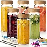 HomArtist 16oz Round Glass Juice Bottles with Lids, 6 Pack Reusable Juice Containers with Bamboo Lids, Glass Juicing jars with 4 Straws & 2 Airtight Lid with Hole for Drinking
