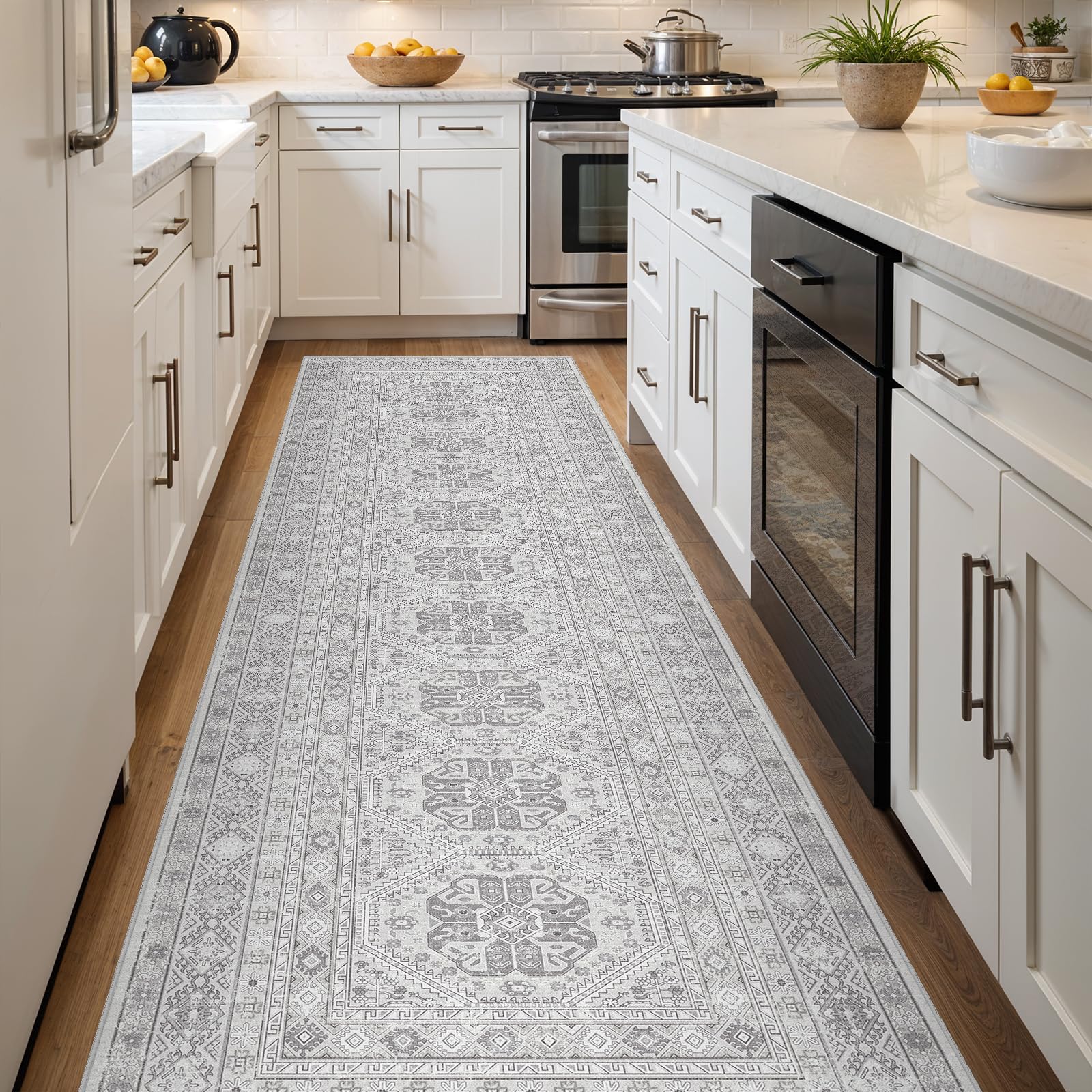 3x12 Runner Rug Kitchen Washable: Oriental Indoor Hallway Runners with Non Slip Backing Floor Mat for Entryway Door Low Pile Thin Carpet for Bedroom Bathroom Living Room Bedside Grey Image