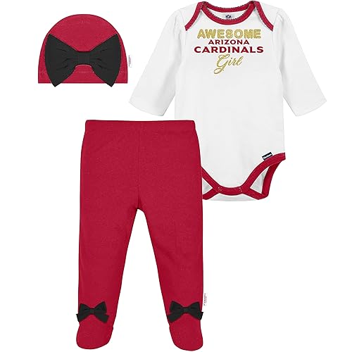 NFL Baby Girls' 3Pc Bodysuit, Footed Pant, & Cap Set, Arizona Cardinals, 6-9 Months