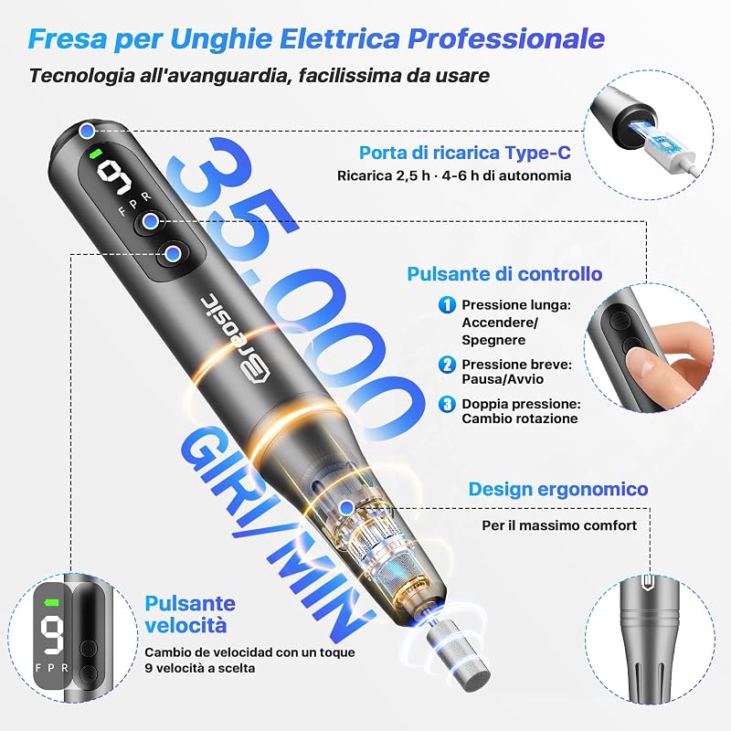 Fresa per Unghie Professionale Lima Elettrica per Unghie, Grigio — foto 2 di 8