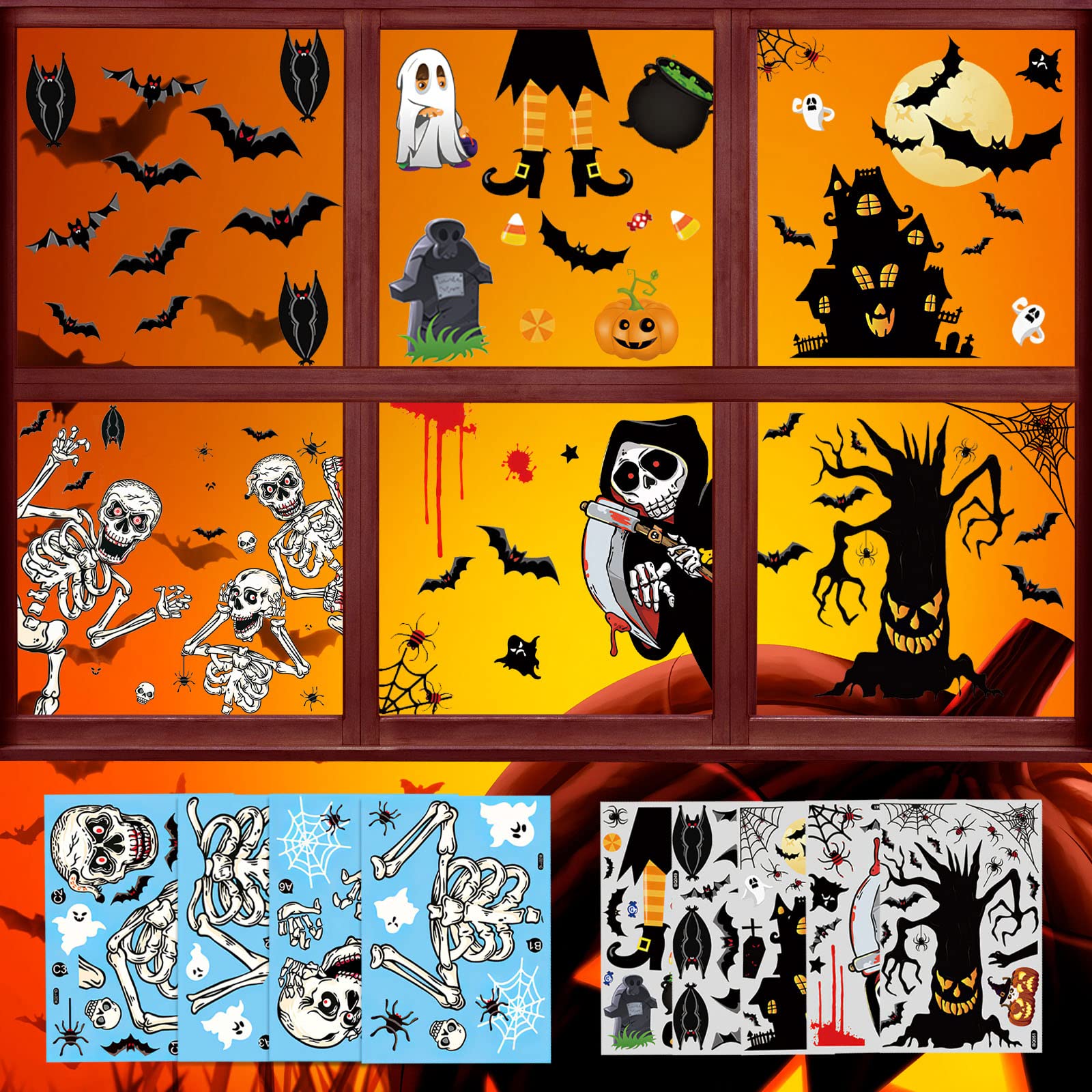 GELASGO 108 Pcs Halloween Window Clings Static Window Stickers with Large Size Skull Witch Bats Spider Web Window Decals for Halloween Party Decoration Favors Supplies