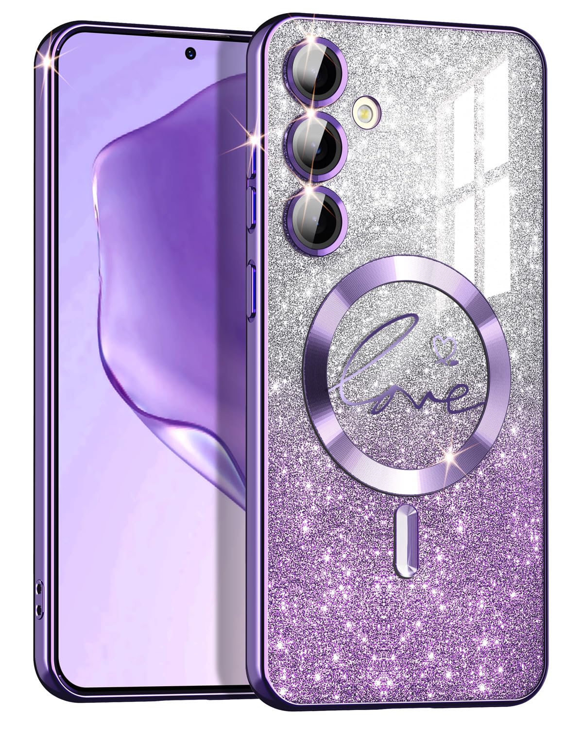 Casetego for Galaxy S24 Plus 5G Case,Compatible with MagSafe,Clear Magnetic Glitter Gradient Sparkle Luxury Plated Soft TPU Bumper Full Camera Lens Protector for Samsung Galaxy S24 Plus 5G,Shiny P