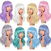 Crowye 8 Pcs 12" Colorful Party Wigs Shoulder Length Wigs for Women Wavy Bob with Air Bangs Curly Short Synthetic Colorful Costume for Cosplay Bachelorette Party(Light Color)