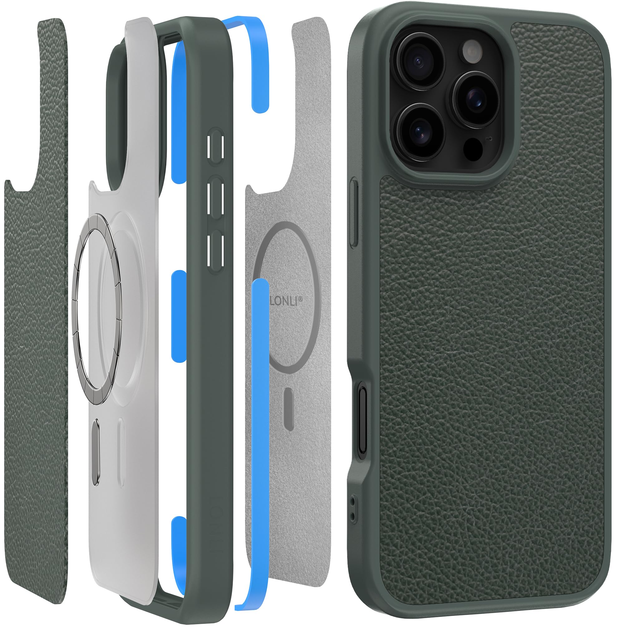 LONLI 2.0 - for iPhone 16 Pro Case - The Toughest Leather Magnetic Protective Phone Cover- [360° Shock-Absorbent Bumper and Inner TPE Frame] - [Compatible with Magsafe] - Forest Green Leather