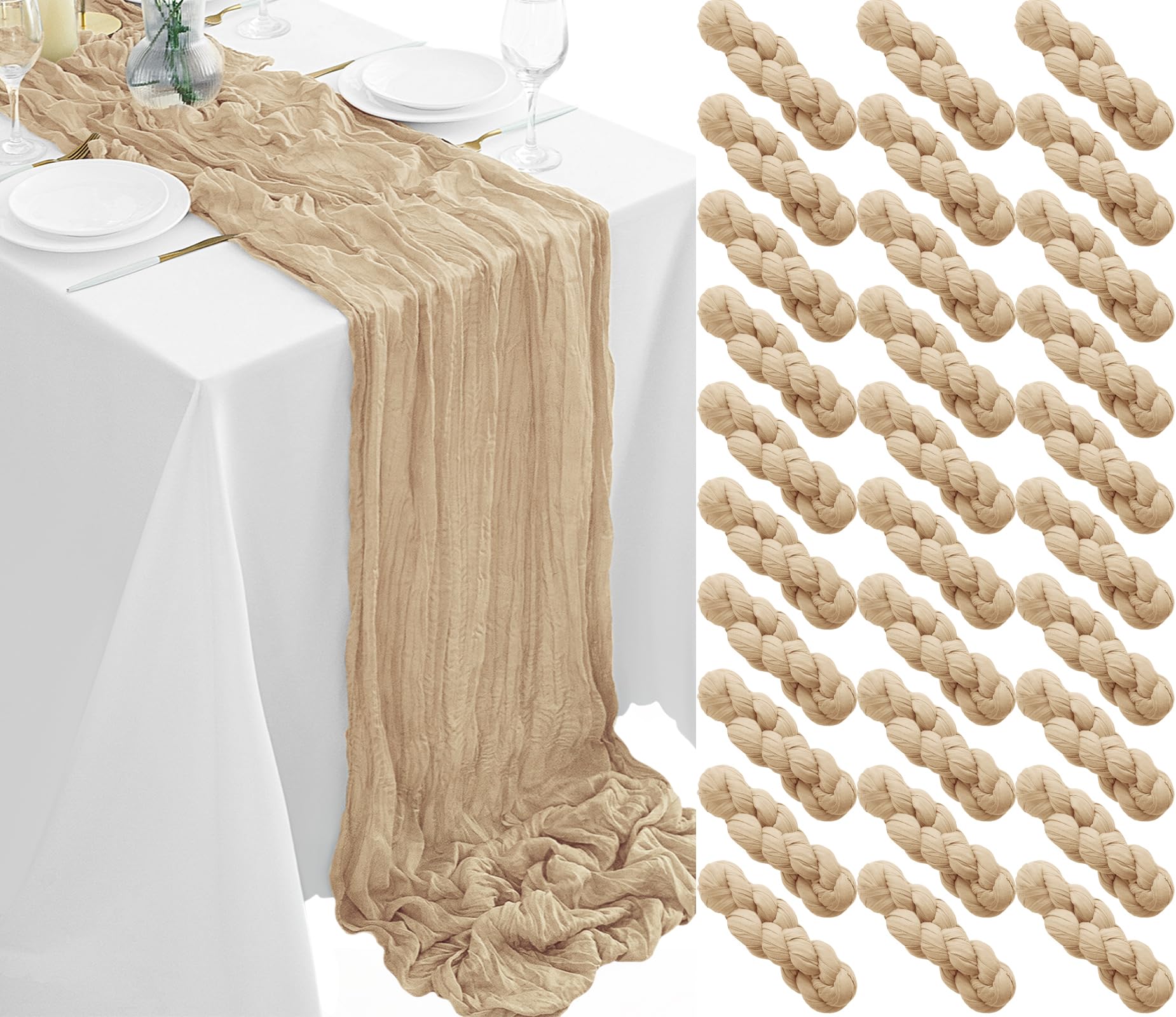 Photo 1 of 30Pack Beige Table Runner 35 x 120 inch Cheesecloth Table Runner 10FT Boho Table Runners Rustic Gauze Cheese Cloth Table Runners for Party Wedding Birthday Dining Bridal Shower Baby Shower Decor