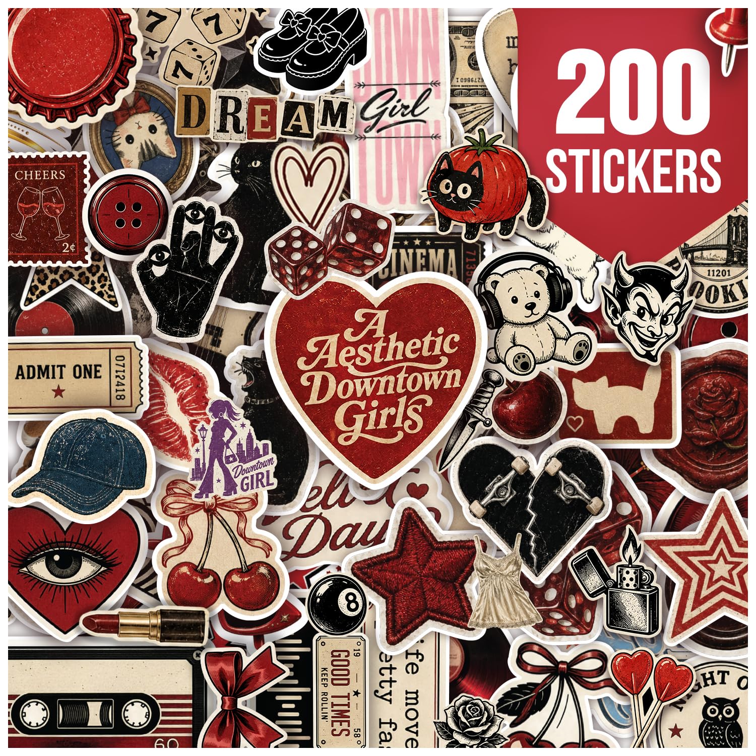 PARTENEX Premium 200Pcs Aesthetic Downtown Girl Stickers 200 Unique Designs | Cool Trendy Y2K Stickers, Funny Waterproof Viny