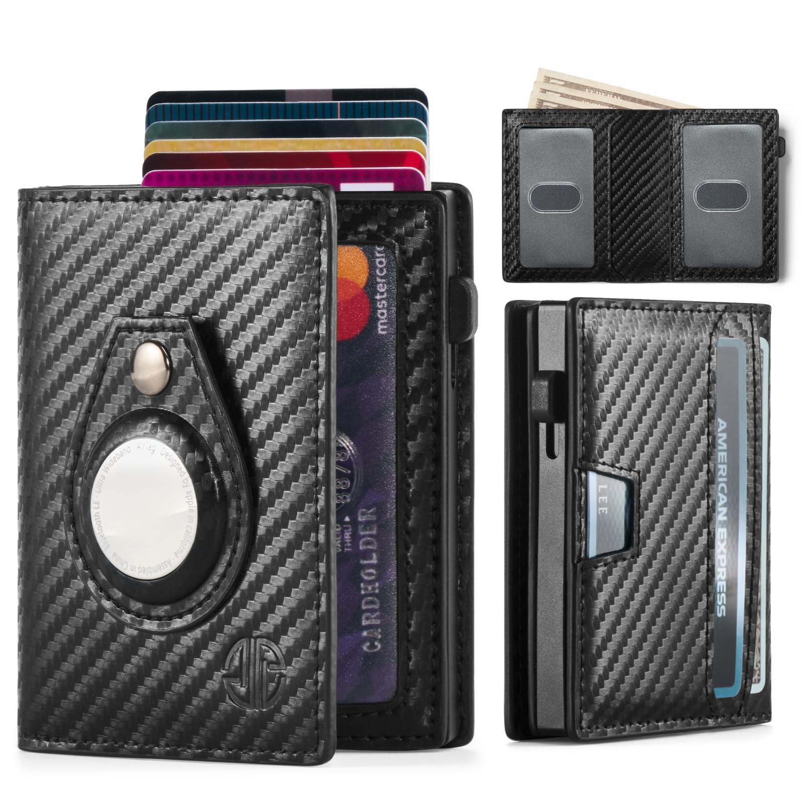 Photo 1 of Popvibe Wallet for Men Leather Pop Up Card Holder Wallet with AirTag Holder, 2 ID Windows & Money Slot, Minimalist RFID Bifold Wallet Slim Front Pocket Wallets with Gift Box (Carbon Fiber)