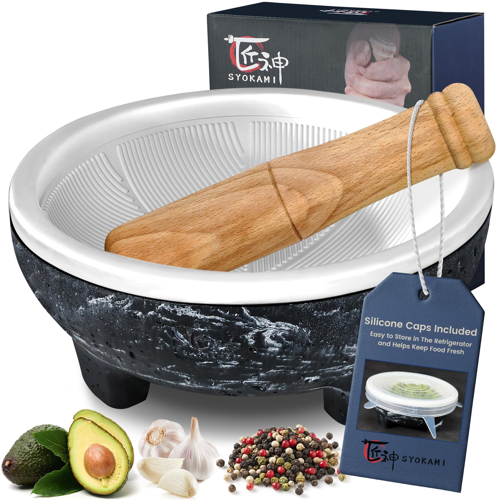 Photo 1 of SYOKAMI No Rock Powder 2 Cup Mortar and Pestle Set with Silicone Covers, 6.5 Inch World's 1st Lightweight Molcajete Mexicano with Grinding Ridge, High Efficiency for Guacamole, Spice and Herb, Gift