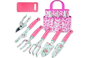 Womens Gifts for Christmas, JUMPHIGH Floral Gardening Kit Gardening Gifts for Women, Gifts for Mom Grandma, Gardening Tools Include Trowel Rake Fork Weeder Pruner, Birthday Gifts for Ladies (Rose Red)