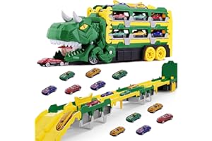 GIGART Dinosaur Truck Toys for 3-5 5-7 Years Old Boys,Dinosaur Carrier Truck with 8 Diecast Racing Cars,Dinosaur Transporter Car Race Track for Kids Girls Easter Birthday Gifts 3 4 5 6 7 Years Old (Green)