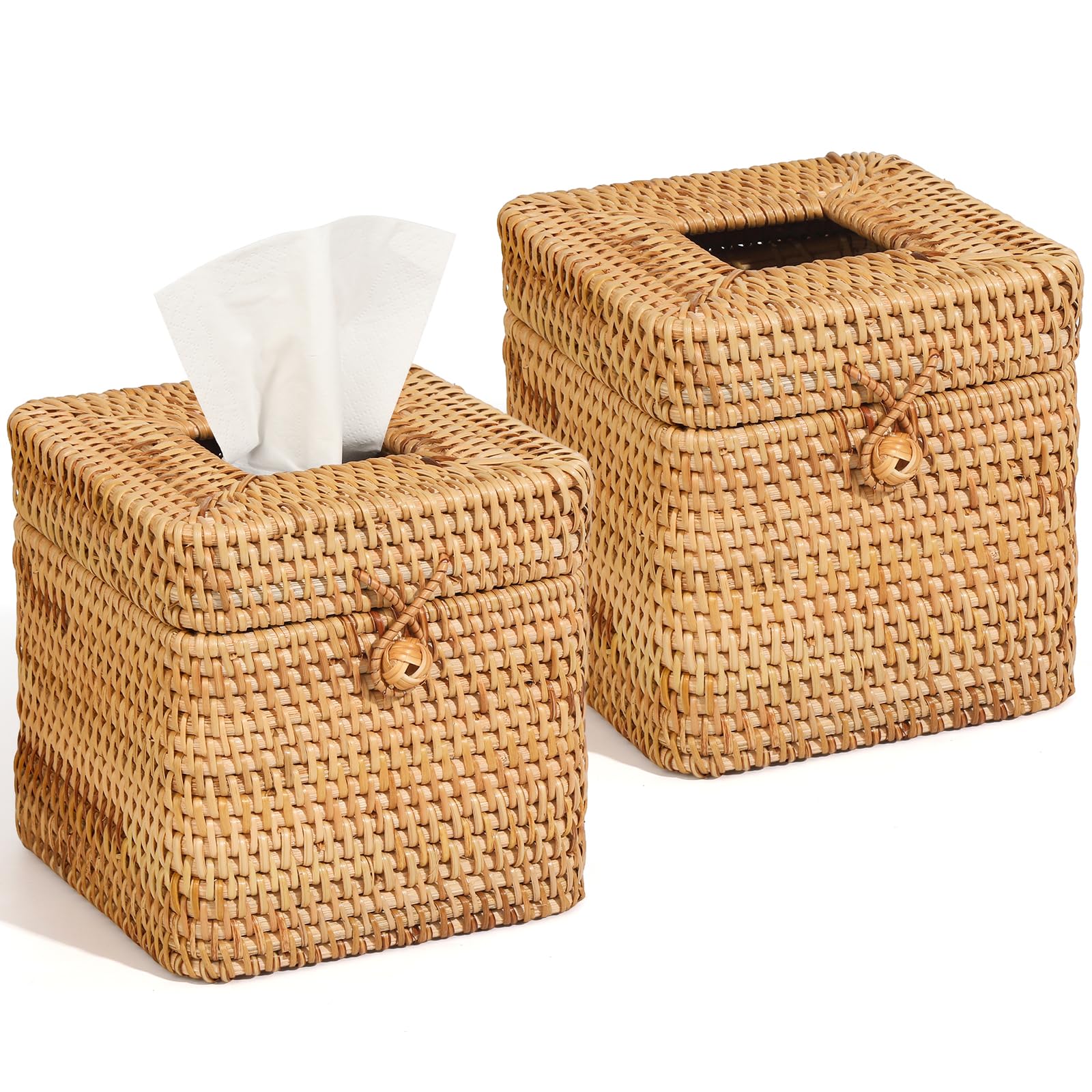 Photo 1 of 2 Pcs Rattan Tissue Box Cover 5.7" x 5.7" x 5.7"Rattan Square Tissue Box Cover Decorative Woven Facial Tissue Holder with Hinged Top Lid for Home Office Desk Living Room Bathroom Dec